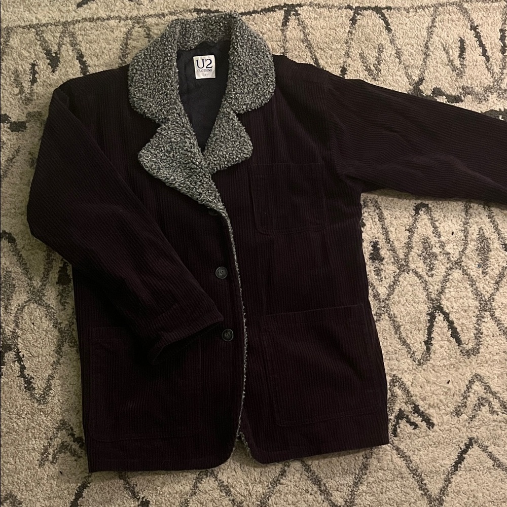 Navy Blue Corduroy Coat with Gray Sherpa Collar